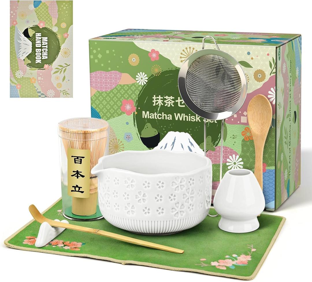 Matcha Whisk Set, 7 Pcs Matcha Making Kit with Matcha Bowl, Matcha Whisk and Holder, Bamboo Scoop, Scoop Rest, Sifter and Tea TowelGifts for Christmas Birthday (White)