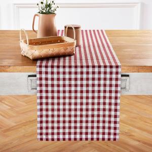Solino Home Gingham Table Runner 120 Inches Long - 100% Pure Linen Burgundy Checkered Table Runner 14 x 120 Inch Ideal for Dining (14 x 120 Inch, Burgundy)