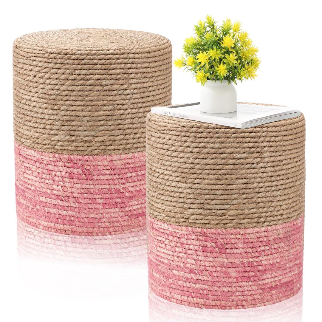 Barydat 2 Pcs 15'' Ottoman Pouf Natural Seagrass Braided Poof Hand Weaving Round Ottomans Boho Footrest Stool for Home Living Room Bedroom Patio(Natural and Pink)