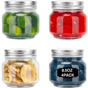 Glass Mason Jars, 4 Pack 8.5oz Clear Glass Regular Mouth Canning Jars with Lids for Sealing, Ideal for Food Storage, Snacks, Candies, Jam, Honey, Wedding Favors, Shower Favors, DIY Projects Glass Mason Jars, 4 Pack 8.5oz Clear Glass Regular Mouth Canning Jars with Lids for Sealing, Ideal for Food Storage, Snacks, Candies, Jam, Honey, Wedding Favors, Shower Favors, DIY Projects