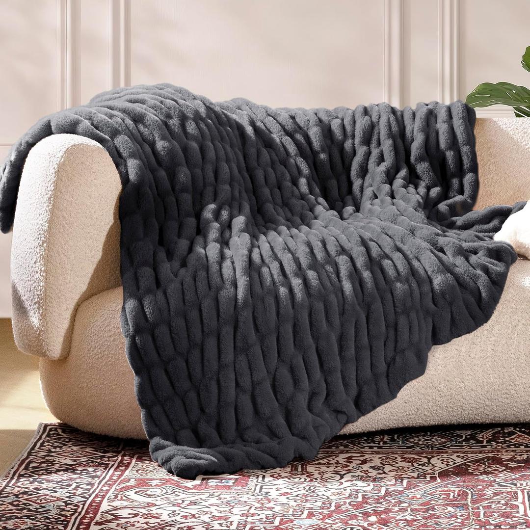 Ultra Soft Cozy Faux Fur Throw Blanket, Fuzzy Plush Thick Bubble Blanket, Oversize Luxury Fluffy Blanket for Couch, Sofa, Bedroom, and Living Room,50x60 Inches,Double Sided Charcoal Gray