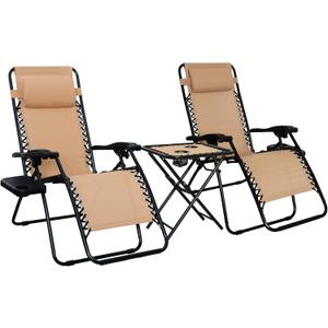 Amazon Basics Outdoor Textilene Adjustable Zero Gravity Folding Reclining Lounge Chair Set with Cup Holder, Side Table, Headrest, Weather-Resistant, 35 x 26 x 43 inches, Beige, 2-Pack, Set of 2