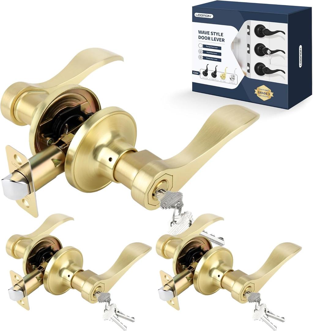 Wave Style Door Lever Keyed Entry Door Handle with Lock, 3 Pack Keyed-NOT-Alike Entrance Lever, Reversible for Left/Right Handed for Office or Front Door with Satin Brass Finish