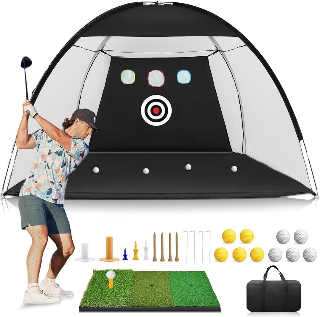 Golf Net: 10x7ft Golf Practice Net for Backyard Driving - All in 1 Golf Hitting Aid with Tri-Turf Mat Golf Net for Indoor Chipping Swing Training with Target/Balls/Tee/Bag