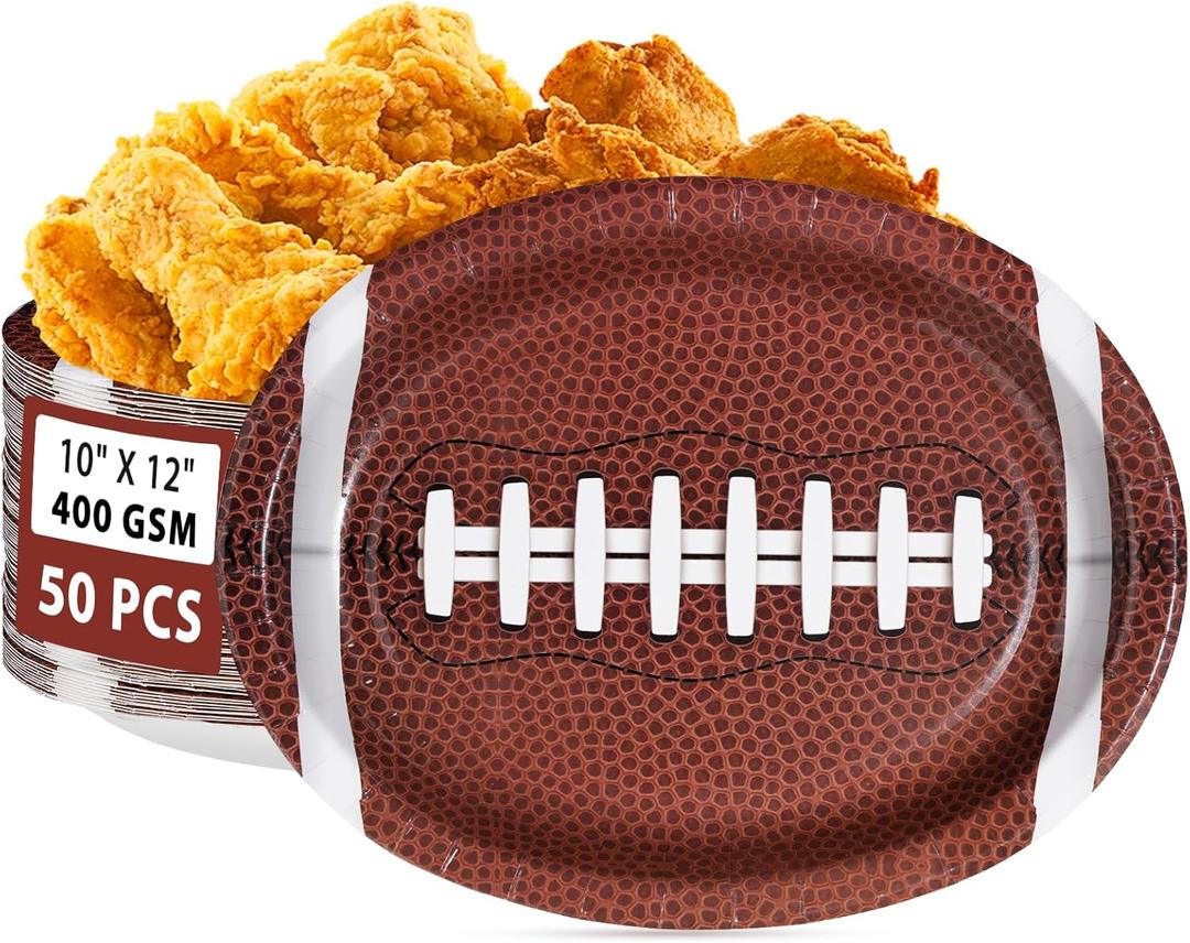50 Pcs Football Oval Plates 10" x 12" Large Football Paper Plates 400 GSM Disposable Heavy Duty Football Birthday Party Decorations for Football Theme Party Supplies Sports Game Tailgate Party Decor