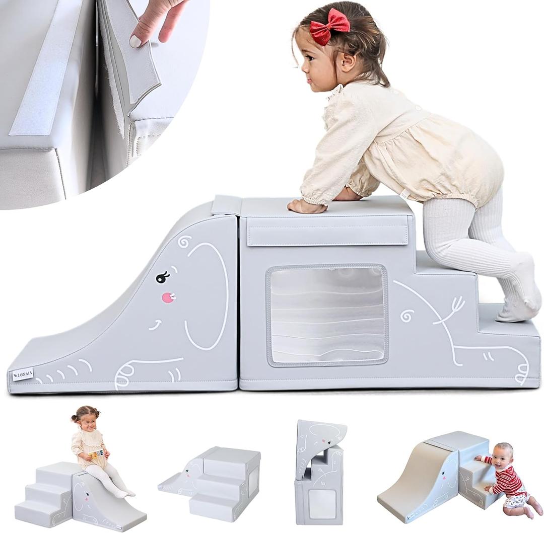 LORAIA * Non-Toxic Foam Climbing Blocks for Toddlers 1-3 - Large Vegan Leather Baby Climbing Blocks - High-end Soft Play Set w/TOP Fasteners & Baby Slide - Climbing Toys for Toddlers 1-3 Inside (Light Grey)