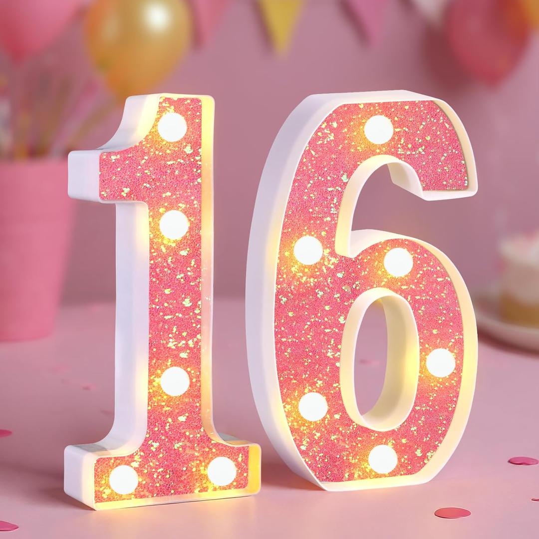 16th Birthday Decorations LED Light Up Numbers, Pink Marquee Lights Number 16 Sign for Girls Birthday Party Anniversary Home Decor