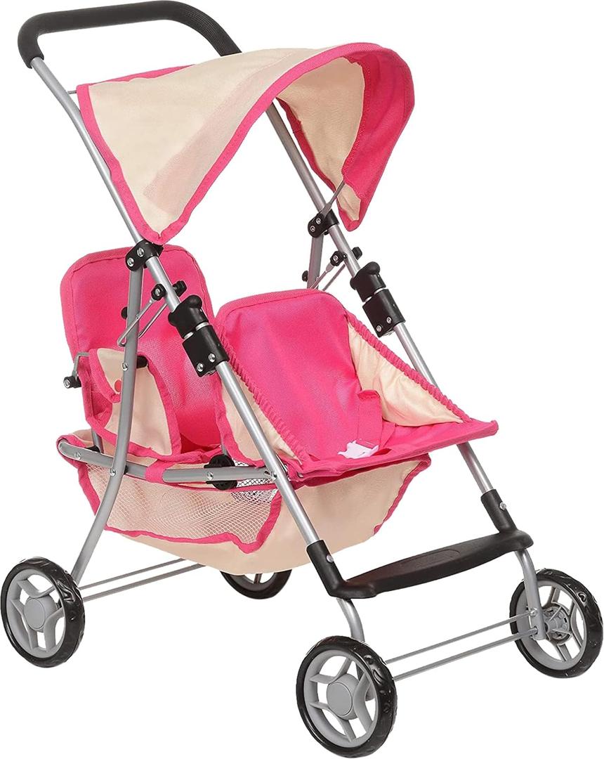Fash n kolor, Twin Doll Double Stroller | Pink & Off-white Design Easy to Fold Double Stroller with Basket in The bottom (Pink)