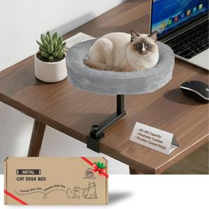 PURRHOUSE Up to 45LBS Cat Desk Bed - 360° Rotation & Adjustable Height, Pet Perch for Desks with Washable Cushion, Desk Cat Bed Attachment for Various Tables, Gray Cushion