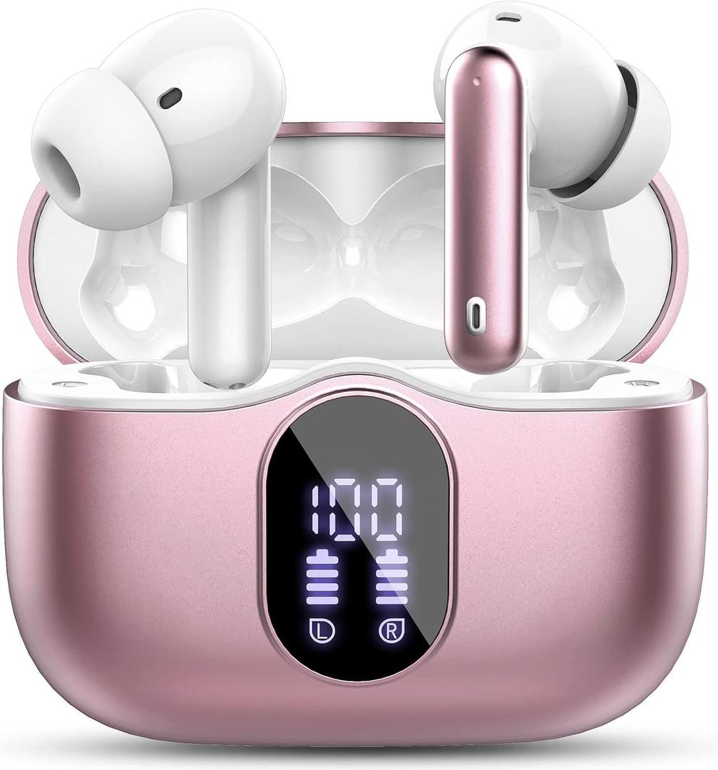 Wireless Earbuds Bluetooth 5.4 Headphones Bass Stereo Ear Buds with Noise Cancelling Mic LED Display in Ear Earphones IP7 Waterproof 36H Playtime for Laptop Pad Phones Sports Workout Rose Gold