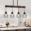 Dining Room Retro Light Fixture Hanging for Modern Farmhouse 4-Lights Kitchen Island Lighting,Modern Chandelier Over Table Linear Chandeliers Black Rustic Wood Ceiling Pendant Light Fixtures (Brown)