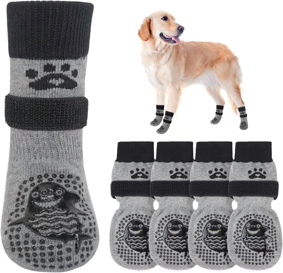 SCENEREAL Dog Socks to Prevent Licking Paws for Hot/Cold Pavement Anti Slip, Dog Shoes for Hardwood Floors, Dog Boots & Paw Protectors with Grippers for Small Medium Large Senior Dogs, Shark L (Grey Shark(Pack of 4))
