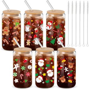 Potchen 6 Set Christmas Glass Cup Gift 16 oz Xmas Drink Cup Bulk with Bamboo Lid Straw Brush Snowman Snowflake Coffee Mug Santa Claus Jar Winter Tumbler favor for Team Staff Employee Appreciation
