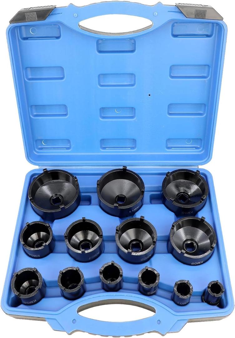 13pc Spindle Nuts Socket Kit Ball Joints Axle Locknut Remove Install Locking Hub Socket for KM Groove Nuts, 4 Teeth Exterior with 1/2'' 21.5mm 25mm 30mm 32.5mm 36mm 43mm 48.5mm 57mm 62.5mm 69mm 76mm
