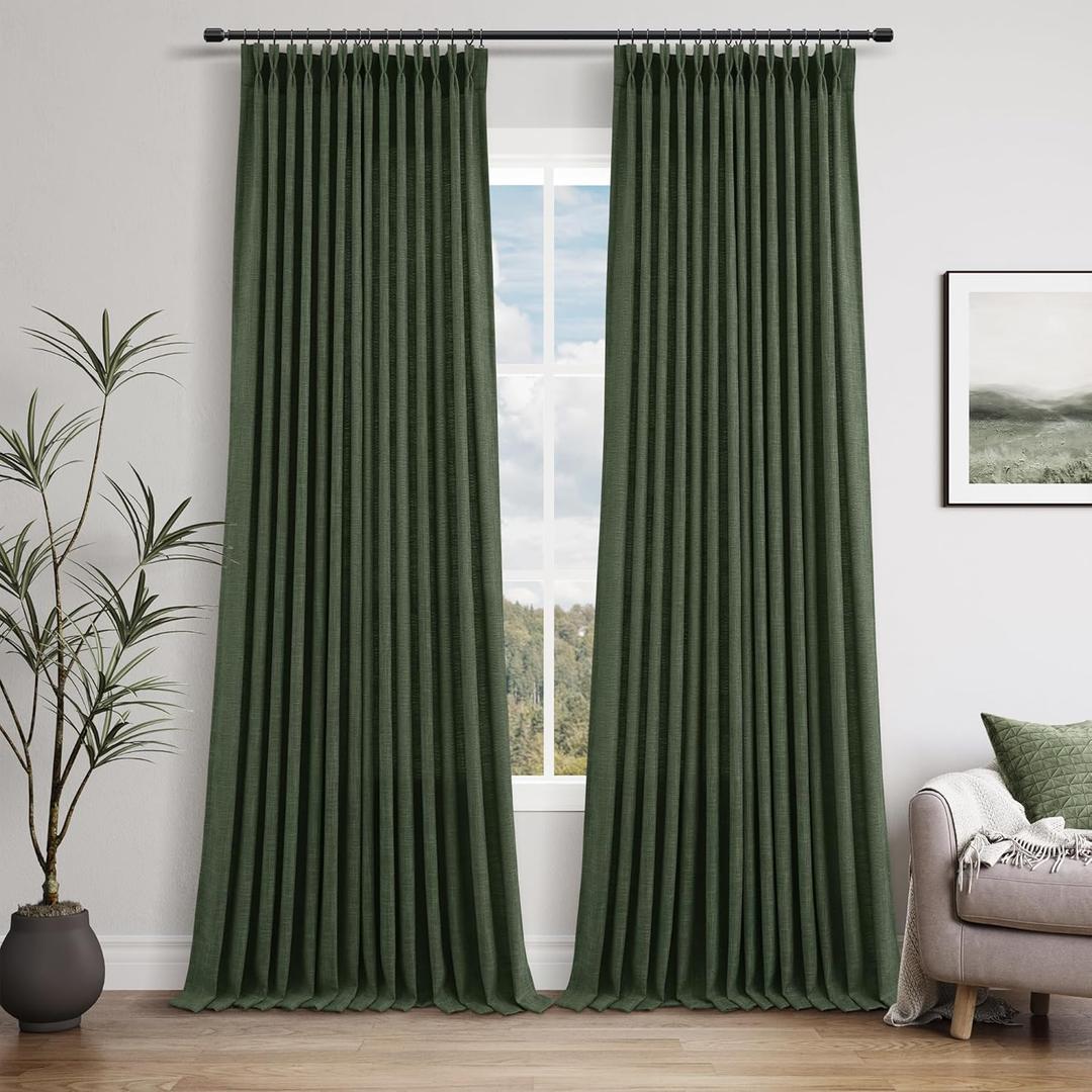 Olive Green Extra Long 120 Inch Curtains 2 Panels Set for Living Room Bedroom Thick Linen Pinch Pleated Forest Dark Green Back Tab Light Filtering Semi Sheer Drapes for Large Window 10 FT Length