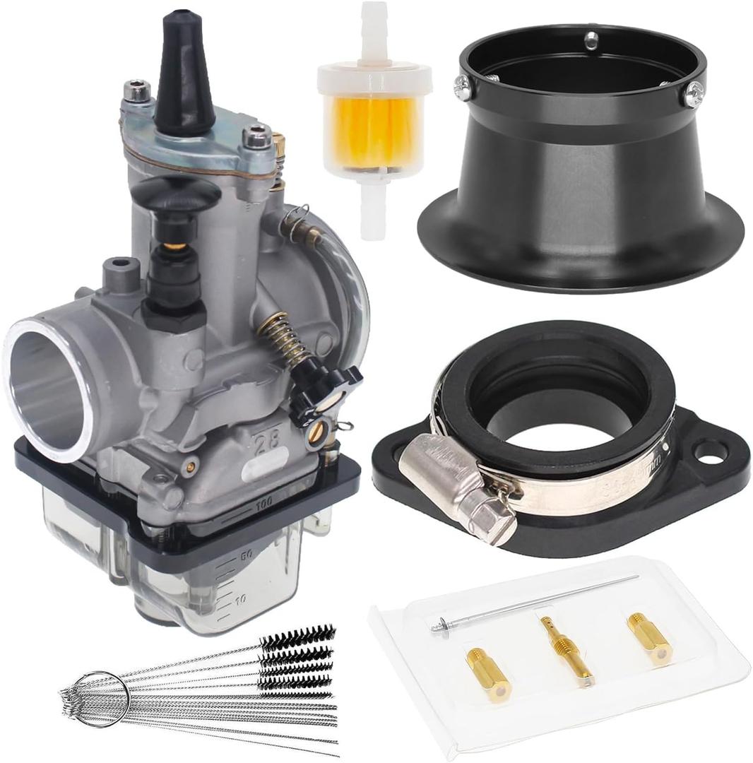 PWK 28mm Carburetor, Universal Mortorcycle Racing Carburetor With Black Float Bowl Horn Cup Intake Manifold Fit for 2T 4T Engine Scooter Motorcycle ATV Quad Pit Bike 125cc-150cc