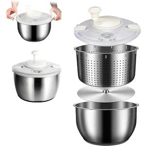 Stainless Steel Salad Spinner, 6L Multi-Use Lettuce Spinner with PP Lid, Large Vegetable Washer with Non-Slip Base, Fruit Washer, Vegetable Dryer, Dishwasher Safe