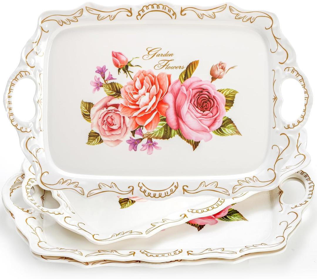 Nicunom 3 Pack Melamine Serving Tray with Handles, Floral Serving Trays Stackable Food Tray for Eating Unbreakable Large Serving Platter for Party, Decor, Home, Restaurant, Gift,16" L x 11" W