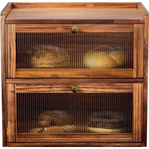Bread Box for Kitchen Countertop Wooden Bread Storage Container Bin 2 Layer Corner Breadbox Large Capacity, Vintage Farmhouse Food Organizer Pantry Shelf with Window Brown Pine Wood