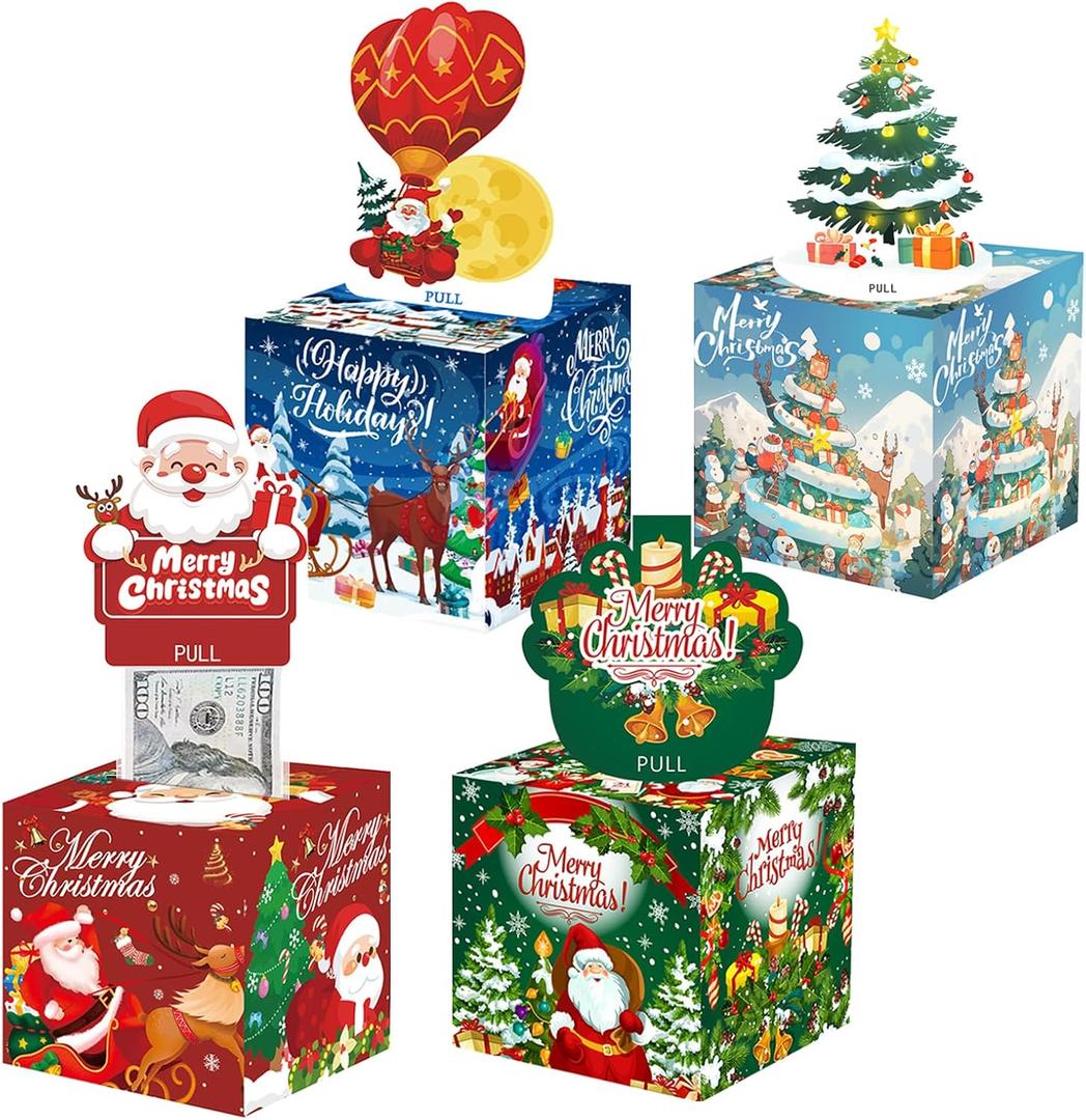 4 Pack Christmas Money Pull Box for Cash Gifts - Surprise Money Holder with 200 Bags, Creative Gift Box, Fun Way to Give Cash for Christmas (Red+green+blue+light Blue), 4pcs