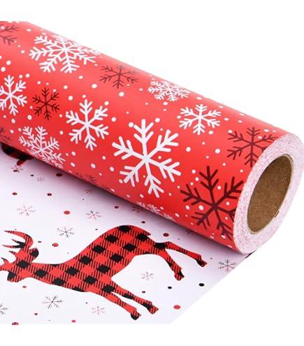 Linelglobal Reversible Red Christmas Wrapping Paper - Small Roll, Xmas Gift Wrap Two Side Printing 30" x 390"