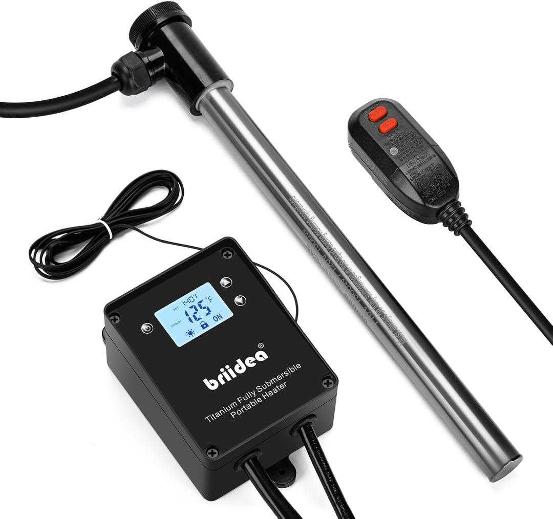 Briidea 1500W Titanium Hot Tub Immersion Heater, Portable Submersible Water Heater with Anti-Corrosion Sensor & Thermostat, Fast Liquid Heating