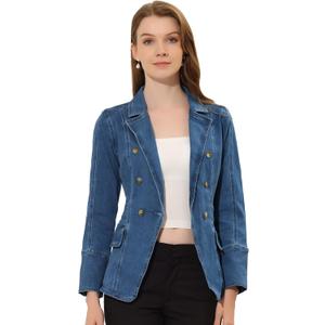 Allegra K Jean Blazer for Women's Lapel Notch Collar Long Sleeve Denim Jackets (Large)