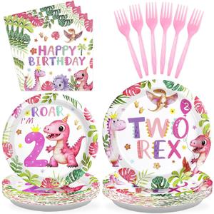 Grencian 96 Pcs Pink Dinosaur Birthday Decorations for 2nd Girls Two Rex Girl Dino Theme Party Supplies Disposable 2nd Dinosaur Party Tableware Set for Two Year Old Girls Birthday Decor Serves 24