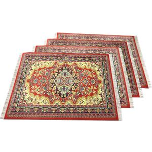 Rug placemats, Set of 4, Oriental Carpet Style Table Setting Decor, Decorative Fabric Dinner mats, Miniature Turkish Colorful Design, Washable, Rectangular, 16x12 (Red)