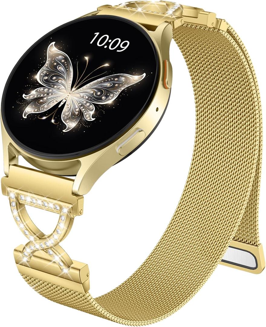 Diamond X-Shaped Metal Bands Compatible with Samsung Galaxy Watch 7/6/5/4/For Galaxy FE /6 Classic/4 Classic/5 Pro/Active 2 Women,Cute 20mm Watch Band Women Milanese Strap Replement Bracelet (Gold)