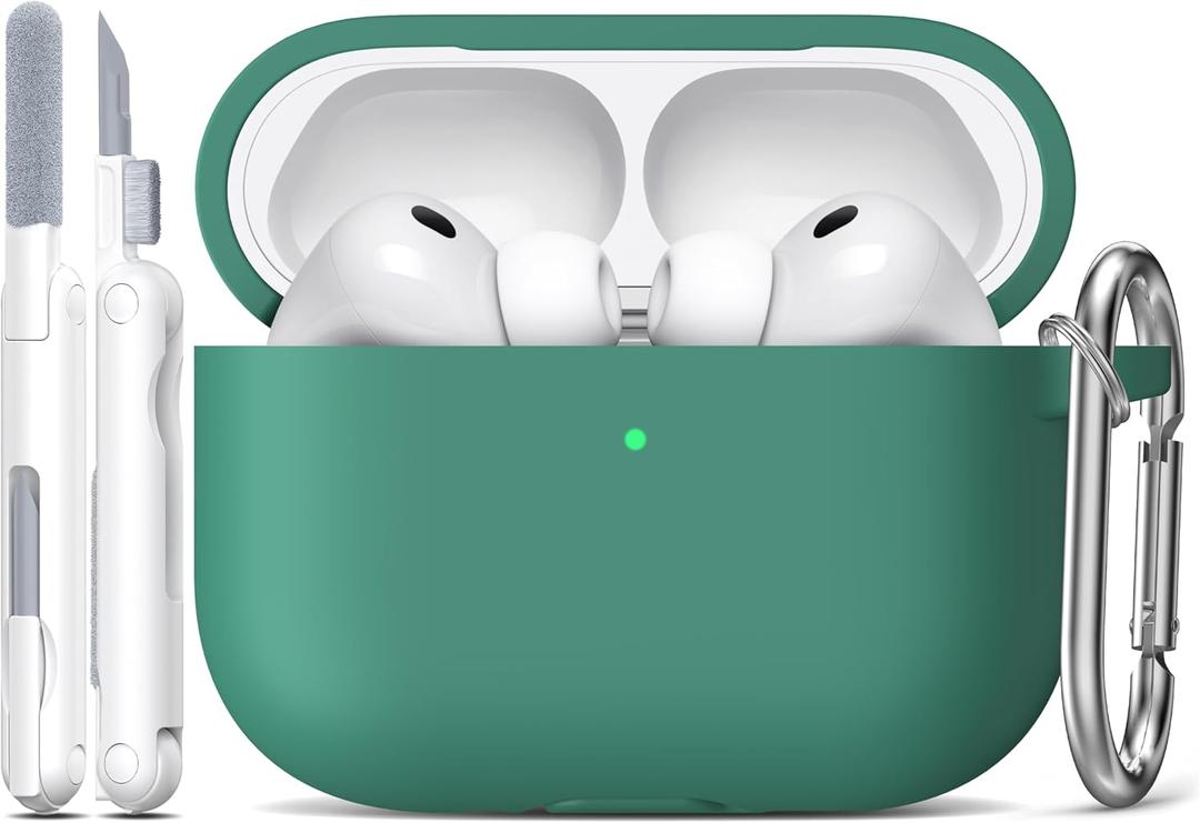 R-fun for AirPods Pro 3 Case (2025), Soft Silicone Protective Case Cover Compatible with Apple AirPods Pro 3rd Generation (USB-C Cable) for Women Men with Cleaning Kit and Keychain, Pine Green