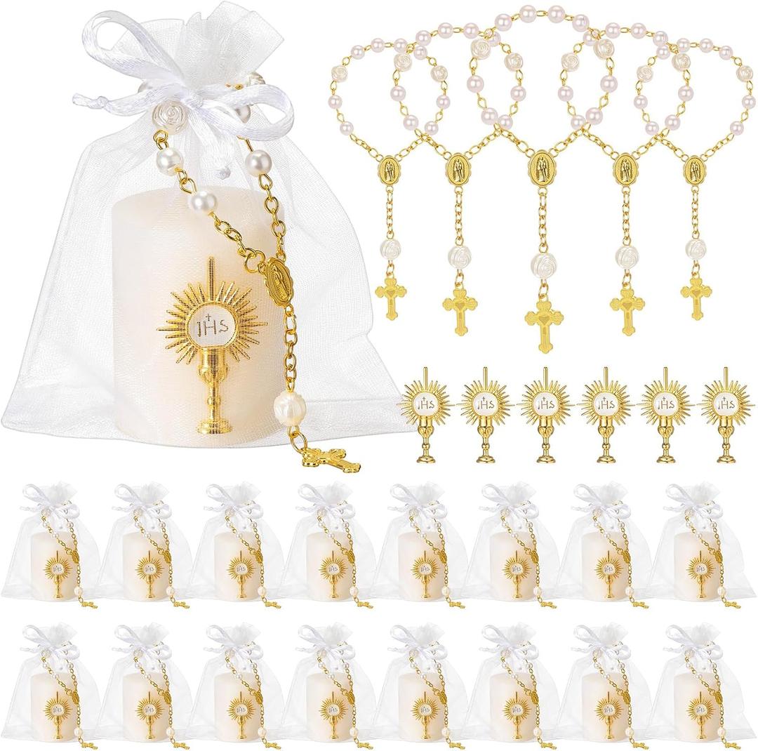 MTLEE 16 Set First Communion Candle Bulk, Catholic Baptism Party Favors for Guests, Mini Rosary White First Holy Communion Candles with Chalice Emblem Organza Bags for Christening Religiosos Gift
