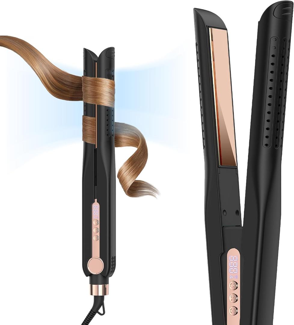 SKIMI Airflow Styler 2.0 Titanium Flat Iron Hair Straightener & Curling Wand, 96 Cool Air Vents for 48H Lasting Style, Dual Voltage for Travel & Home, Anti-Tangle, 5 Temps (Black & Champagne).
