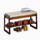 latifolia Solid Wood Bench, Entryway Shoe Bench with Cushion, 2 Tier Shoe Storage Organizer for Hallway, Living Room(Grey,31.50''L)