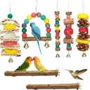 JOREWOOD 7 Pcs Natural Wood Bird Toy & Perch for Parakeets, Cockatiel & Lovebird, Budgie Play Accessory for Small Parrots Indoor Cage (Colorful)