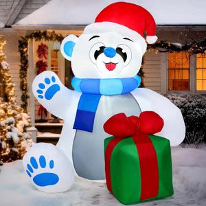 Joiedomi 4 ft Christmas Inflatable Polar Bear with Gift Decoration, Blow Up Polar Bear with Build-in LEDs for Xmas Yard Decoration Holiday Indoor Outdoor Garden Lawn Party Favor Holiday Supplies Dcor