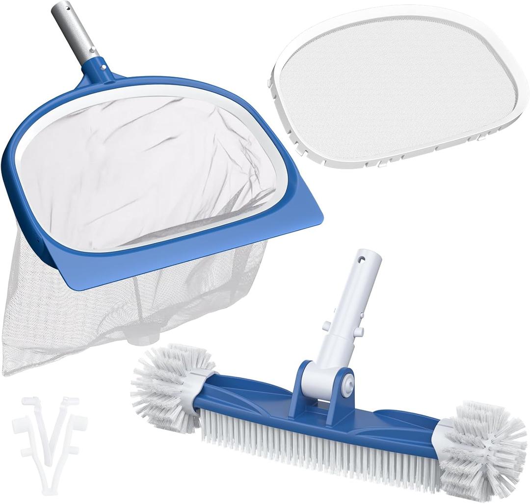 CKE Swimming Pool Cleaning Kit Including Pool Skimmer Net, 18.5" Rotatable Round End Pool Brush Head, Changeable Leaf Skimmer Net, Pool Skimmer and Brush Set for Inground & Above Ground Pool (No Pole)