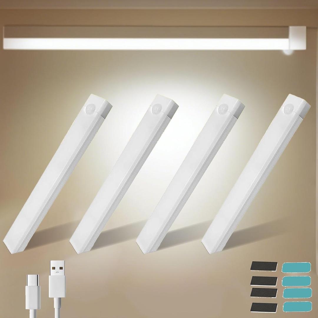 4 PCS 11.8in Punch-Free Smart Sensor Magnetic Rechargeable Led Lights, Motion Sensor Light Indoor, USB C Rechargeable Closet Under Counter Lighting for Kitchen Cupboard Wardrobe