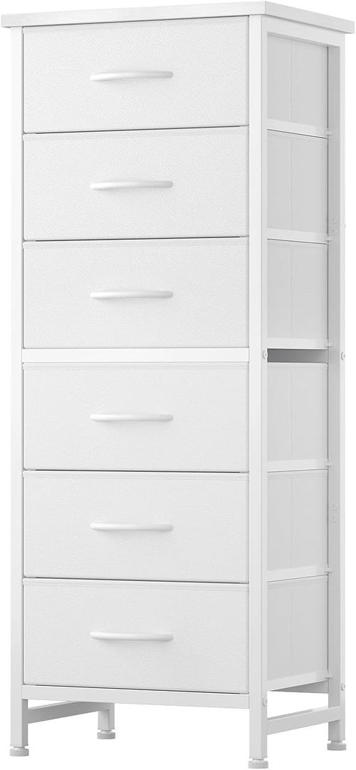 Sweetcrispy Tall Fabric Dresser for Bedroom, 6 Drawer Skinny Chest of Drawers, Narrow Storage Tower with Wood Top and Metal Frame, Vertical Nightstand for Closet, Bedroom Organization Furniture, White, 11.8"D x 15.7"W x 39.4"H