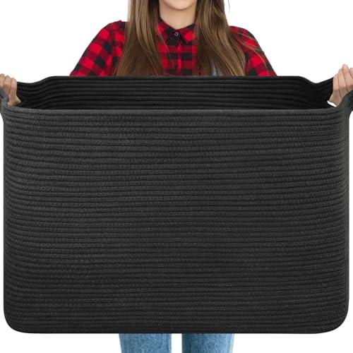OIASKET 118L Extra Large Blanket Basket, 24.8"x17.7"x16.2" Woven Rope Baskets for Storage, Nursery Blanket Storage for Living Room, Toy Basket with Handle Organizing Comforter Cushions Pillows, Black