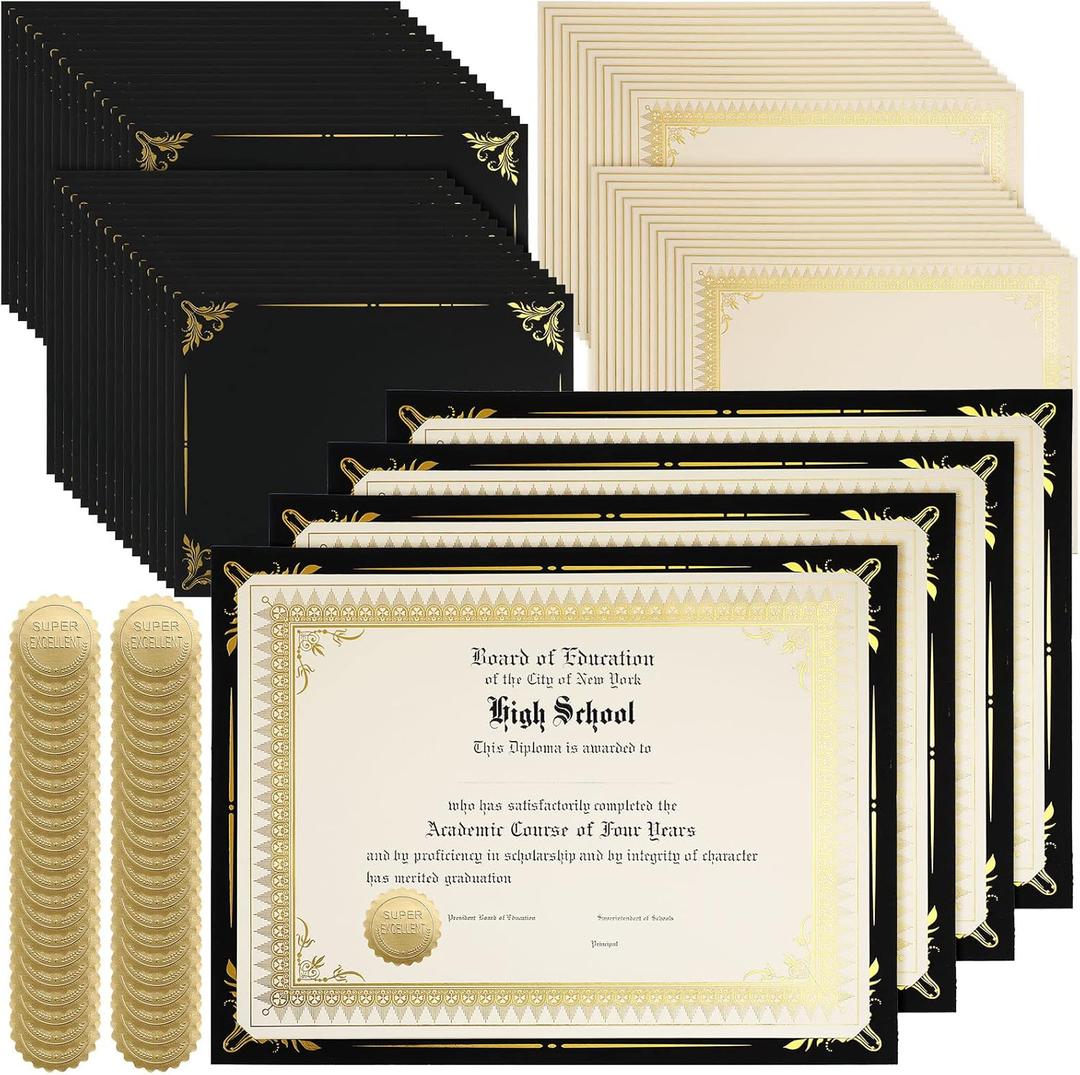 Fainne 100 Sets Certificate Paper Kit Single Sided Awards Holder with Foil Border for 8.5 X11 Certificate Covers Foil Award Seals Stickers Diploma Covers (Black)