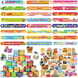 Sasylvia 320 Pcs Love to Read Slap Bracelets Party Favors for Bulk Include 120 Inspirational Read Bracelets with 200 Book Stickers for Rewards Awards Prize Gifts