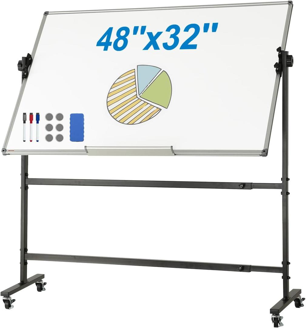 VEVOR Rolling Whiteboard, 48x32 inch Double-Sided Magnetic Mobile Whiteboard, 360 Reversible Adjustable Height Dry Erase Board with Wheels & Movable Tray for Office School