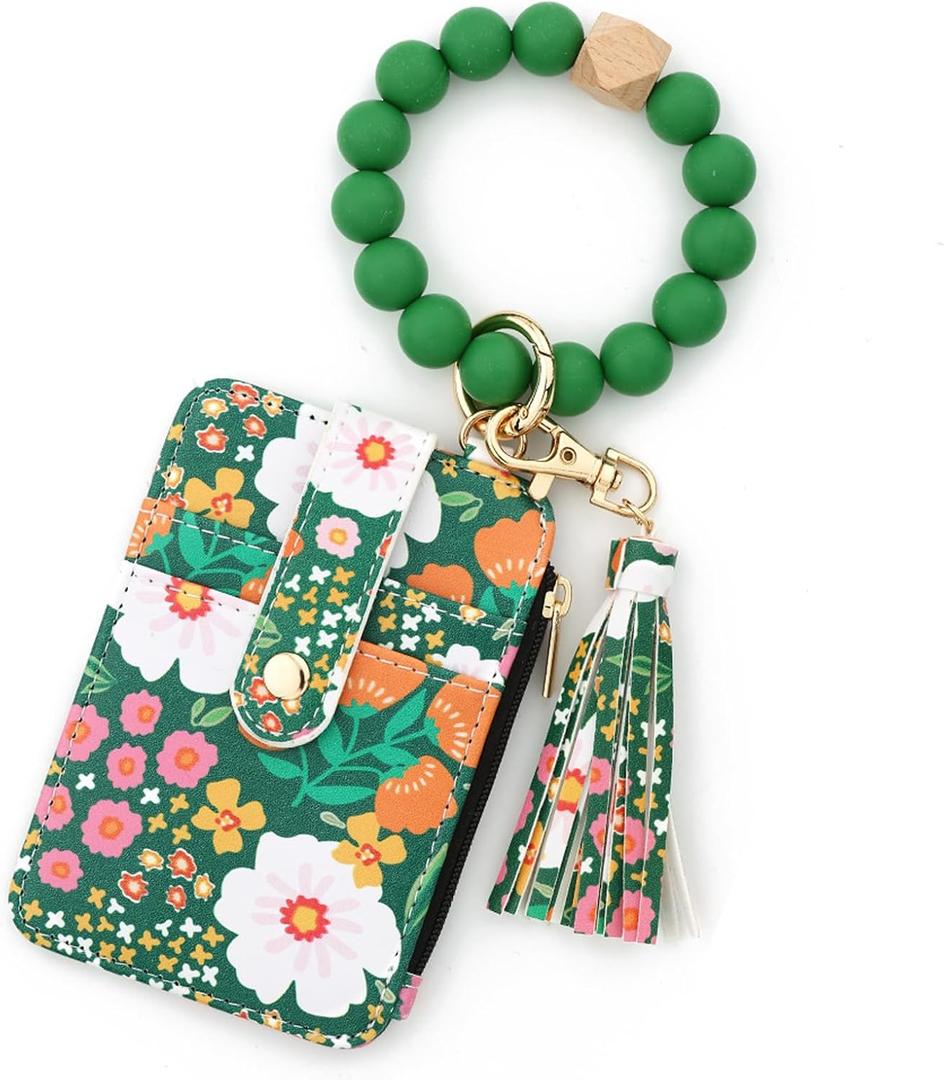Flower Keychain Wristlet Wallets for Women Cute Silicone Beaded Credit Card Holder Aesthetic Key Ring Bracelet Leopard Wallet (Green)