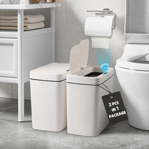 Bathroom Trash Can with Lid 2 Pack 3.9 Gallon Touchless Automatic Garbage Can Slim Motion Sensor Waterproof Plastic Trash Bins for Bedroom, Bathroom, Kitchen, Office, Ivory White 10.2"x7.3"x12"