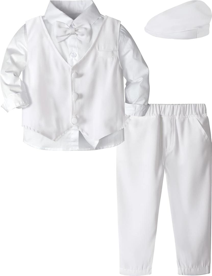 A&J DESIGN Toddler 4-Piece Formal Suits Baby Boy Gentleman Outfit with Dress Shirt, Bow Tie, Vest, Pants and Flat Hat (18-24 Months, White) A&J DESIGN Toddler 4-Piece Formal Suits Baby Boy Gentleman Outfit with Dress Shirt, Bow Tie, Vest, Pants and Flat Hat (18-24 Months, White)