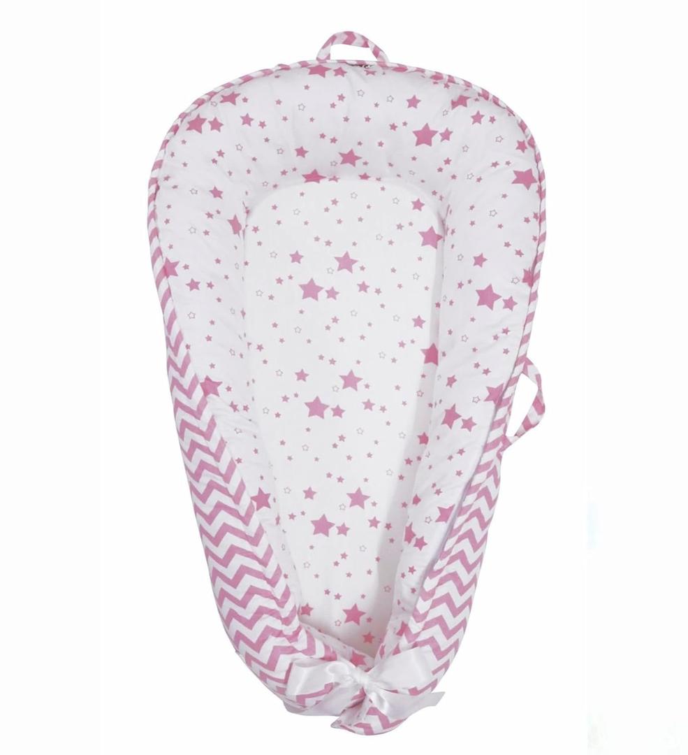 Baby Nest, Baby Lounger, Organic Cotton Lounger for Baby, Reversible Breathable Adjustable Portable - Star Collection (Pink)