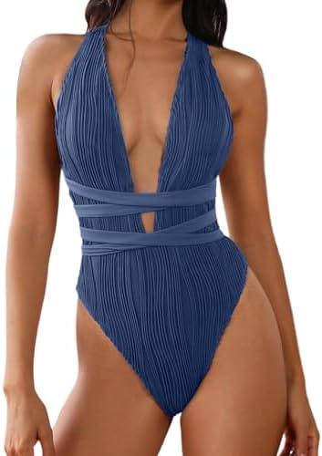 ZAFUL Women's One Piece Swimsuit Deep V Neck Ribbed Self Tie Sexy High Cut Bathing Suit Crisscross Back Swimwear