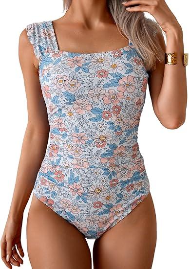 B2prity Womens One Piece Swimsuit Retro Square Neck Tummy Control Bathing Suits Ruched Modest Full Coverage Swimwear (X-Large)
