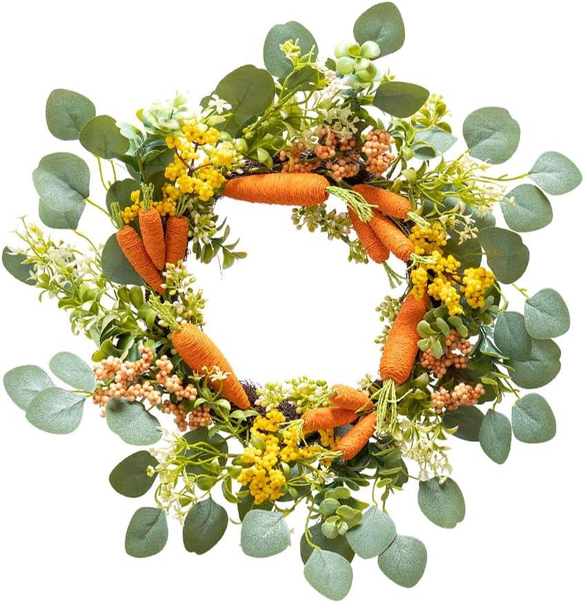 Carrot Wreath for Front Door Decorative Easter Wreath with Carrots Eucalyptus Leaves and Berries Spring Decorations Easter Door Wreath for Home Party Easter Gifts Celebrations